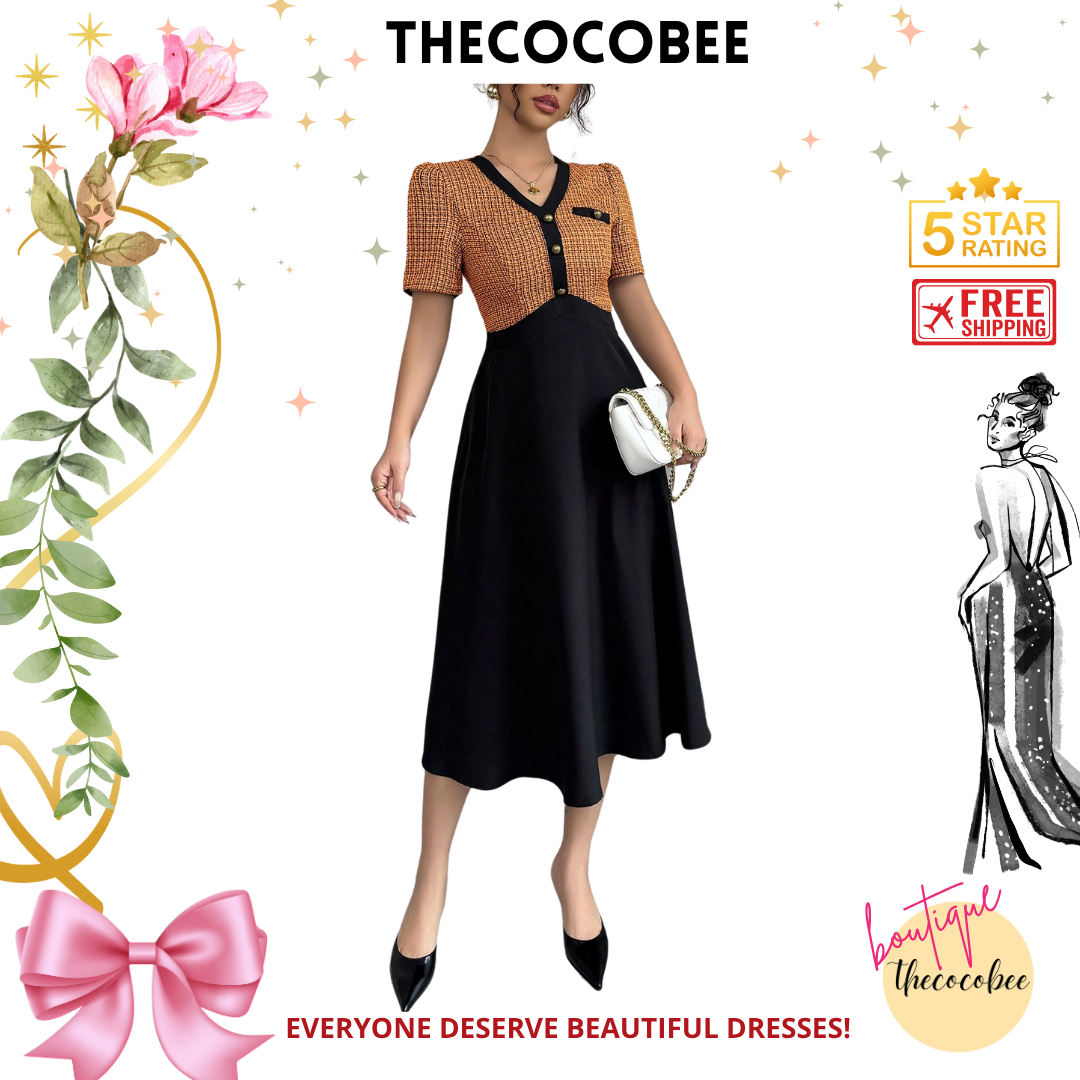 #105 Orange Mixed Tweed Panel Contrast Waist A-Line Short Sleeve Mid-Length Dress, Black Elegant Dress For Women