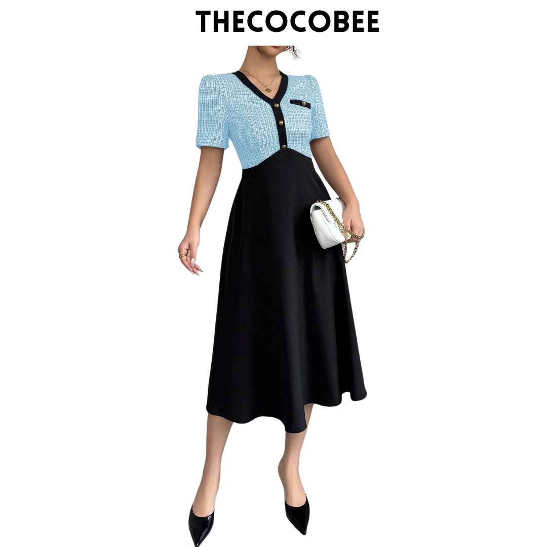 #105 Blue Black And Tweed Patchwork Waisted A-Line Short Sleeve Midi Dress, Elegant Women's Dress