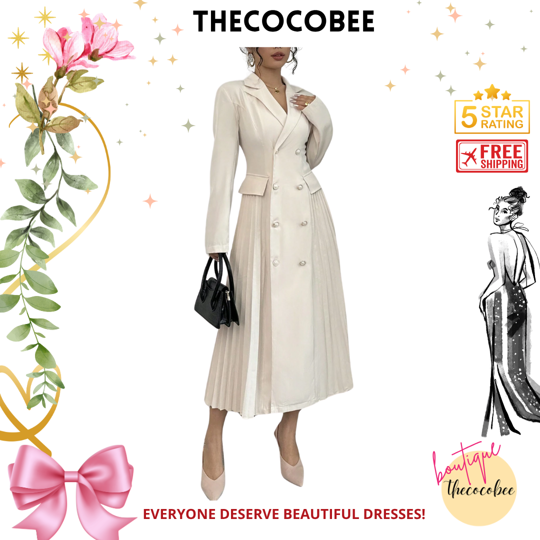#106 Apricot Solid Color Double-Breasted Pleated Elegant Long Sleeve Dress Maxi Women Outfit