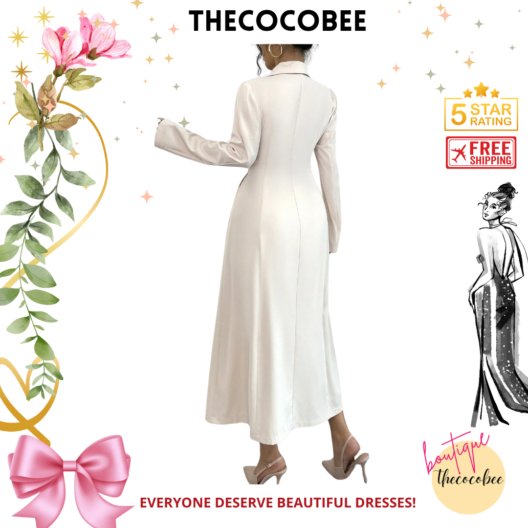 #106 Apricot Solid Color Double-Breasted Pleated Elegant Long Sleeve Dress Maxi Women Outfit