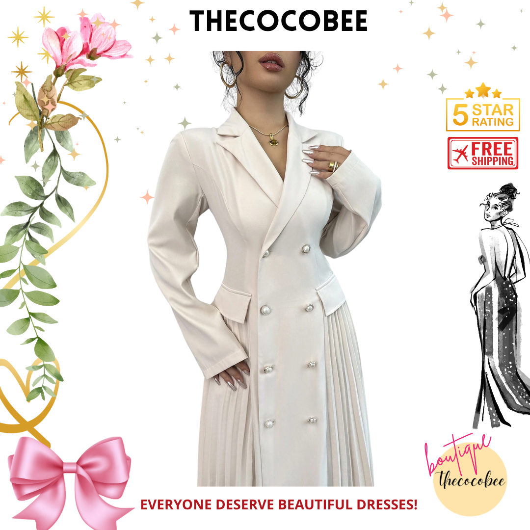 #106 Apricot Solid Color Double-Breasted Pleated Elegant Long Sleeve Dress Maxi Women Outfit