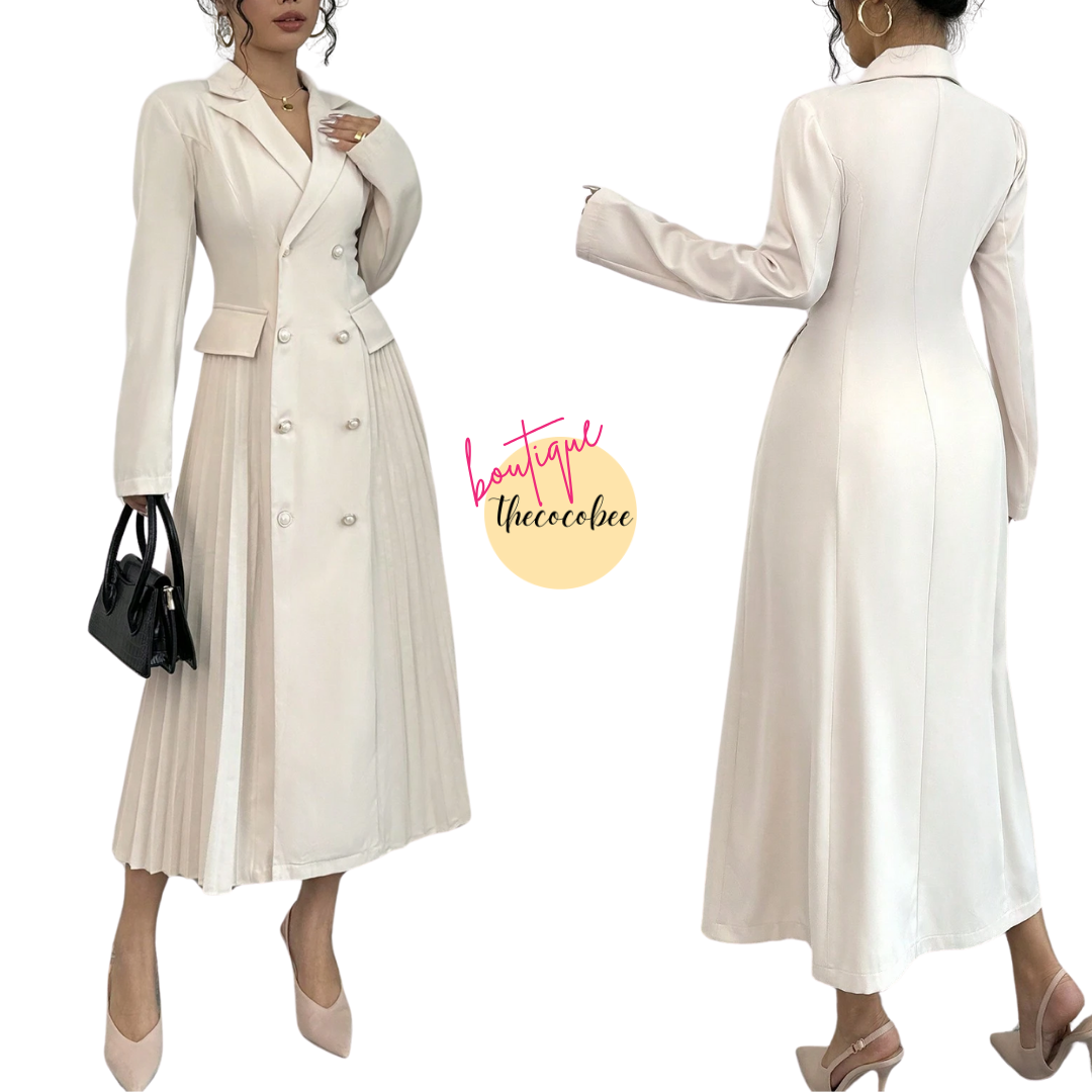 #106 Apricot Solid Color Double-Breasted Pleated Elegant Long Sleeve Dress Maxi Women Outfit
