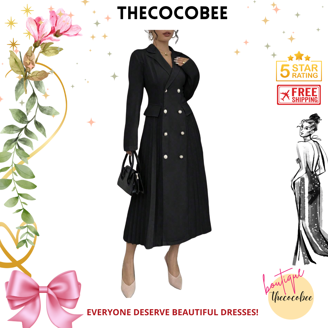 #106 Black Elegant Stand Collar Long Sleeve Double-Breasted Long Dress, Solid Color, Autumn Maxi Women Outfit
