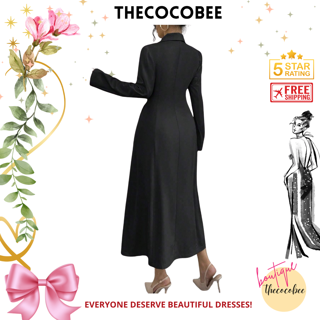 #106 Black Elegant Stand Collar Long Sleeve Double-Breasted Long Dress, Solid Color, Autumn Maxi Women Outfit