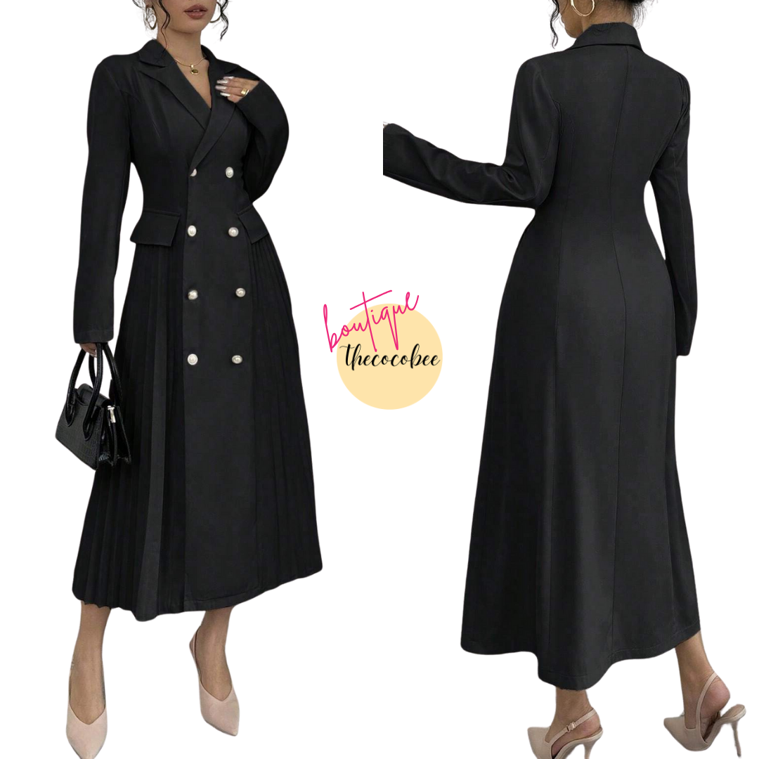 #106 Black Elegant Stand Collar Long Sleeve Double-Breasted Long Dress, Solid Color, Autumn Maxi Women Outfit