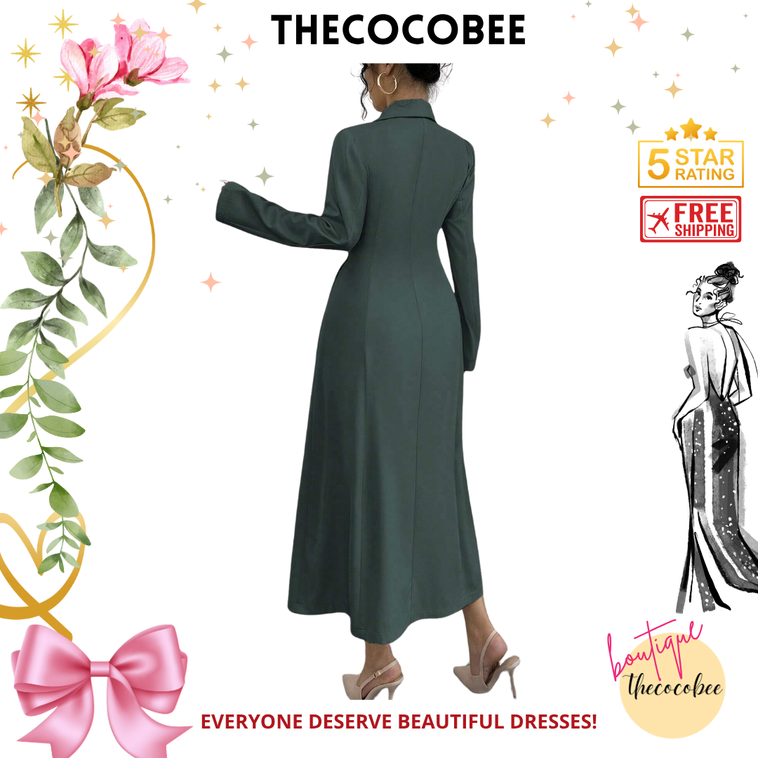 #106 Dark Green Solid Color Front Button Long Sleeve Pocket Casual Long Dress Maxi Women Outfit
