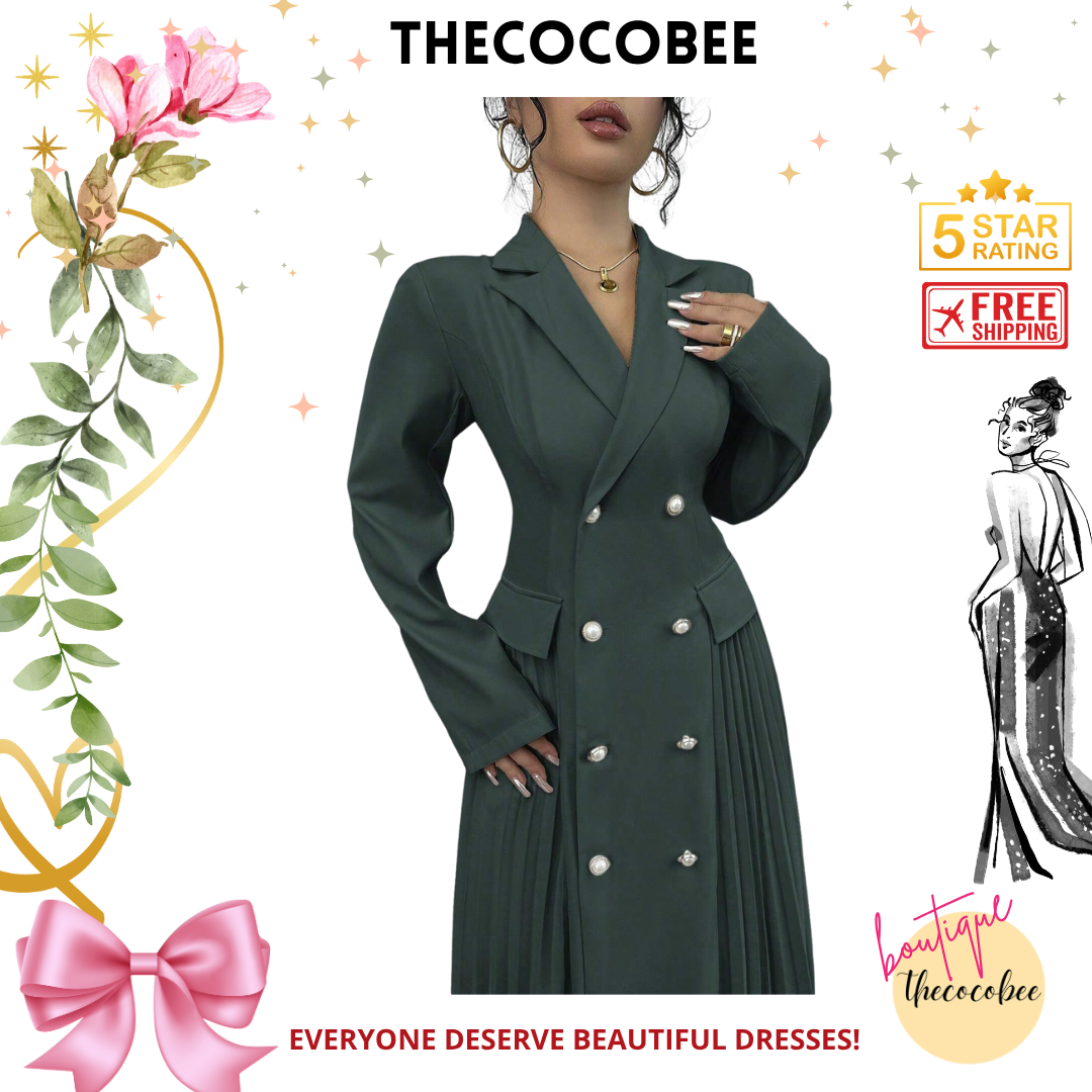 #106 Dark Green Solid Color Front Button Long Sleeve Pocket Casual Long Dress Maxi Women Outfit