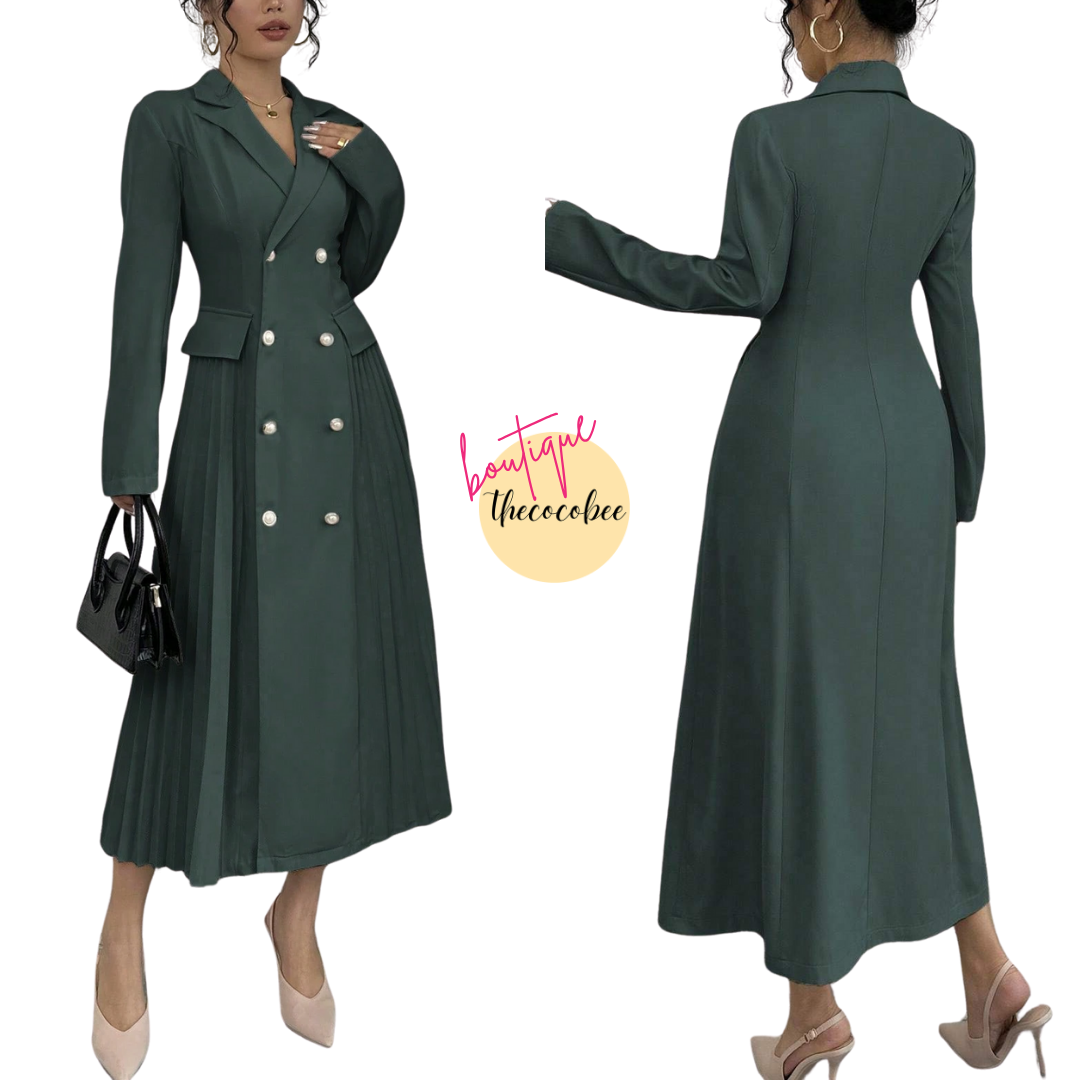 #106 Dark Green Solid Color Front Button Long Sleeve Pocket Casual Long Dress Maxi Women Outfit