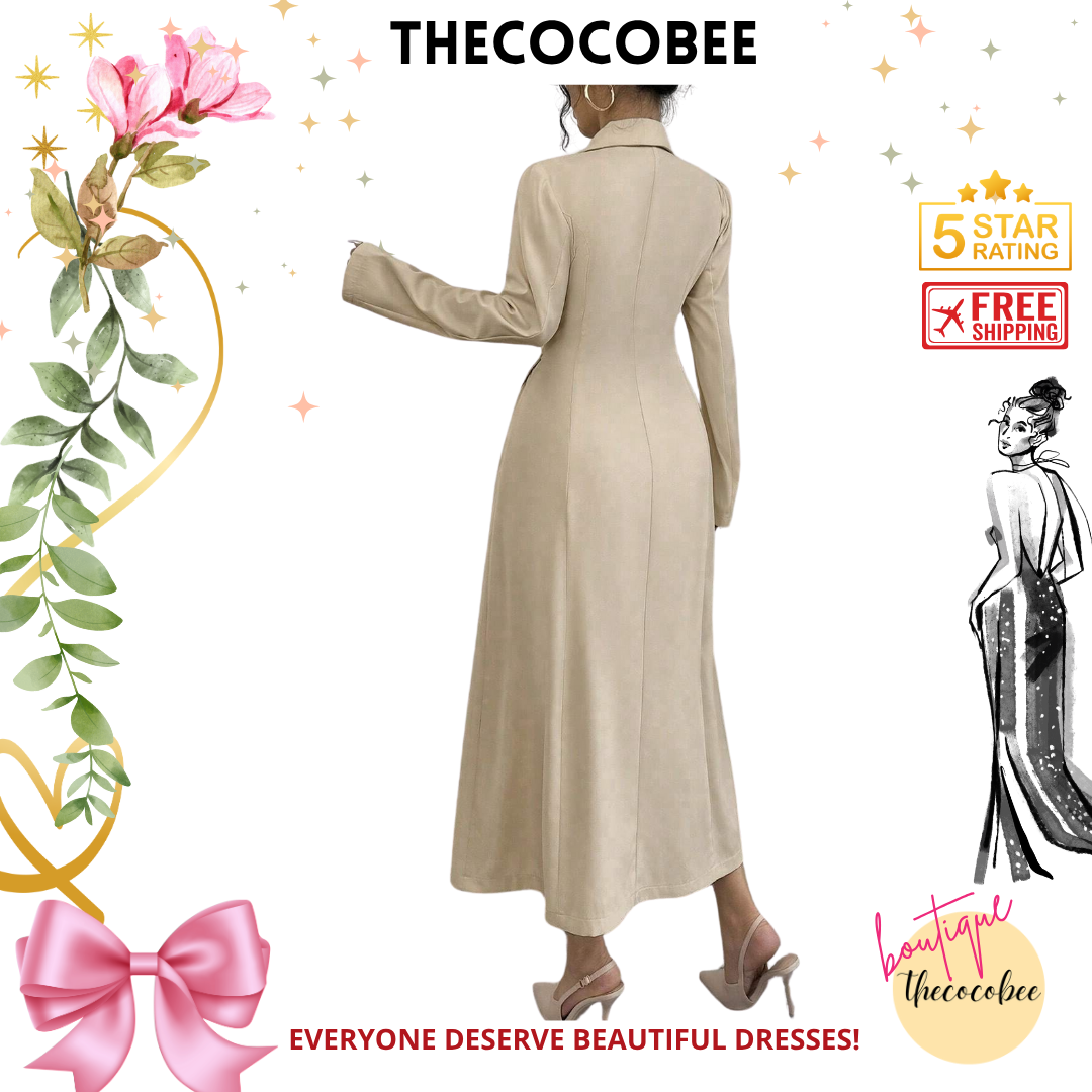 #106 Khaki Solid Color Front Button Down Notched Collar Long Sleeve Casual Long Dress Maxi Women Outfit