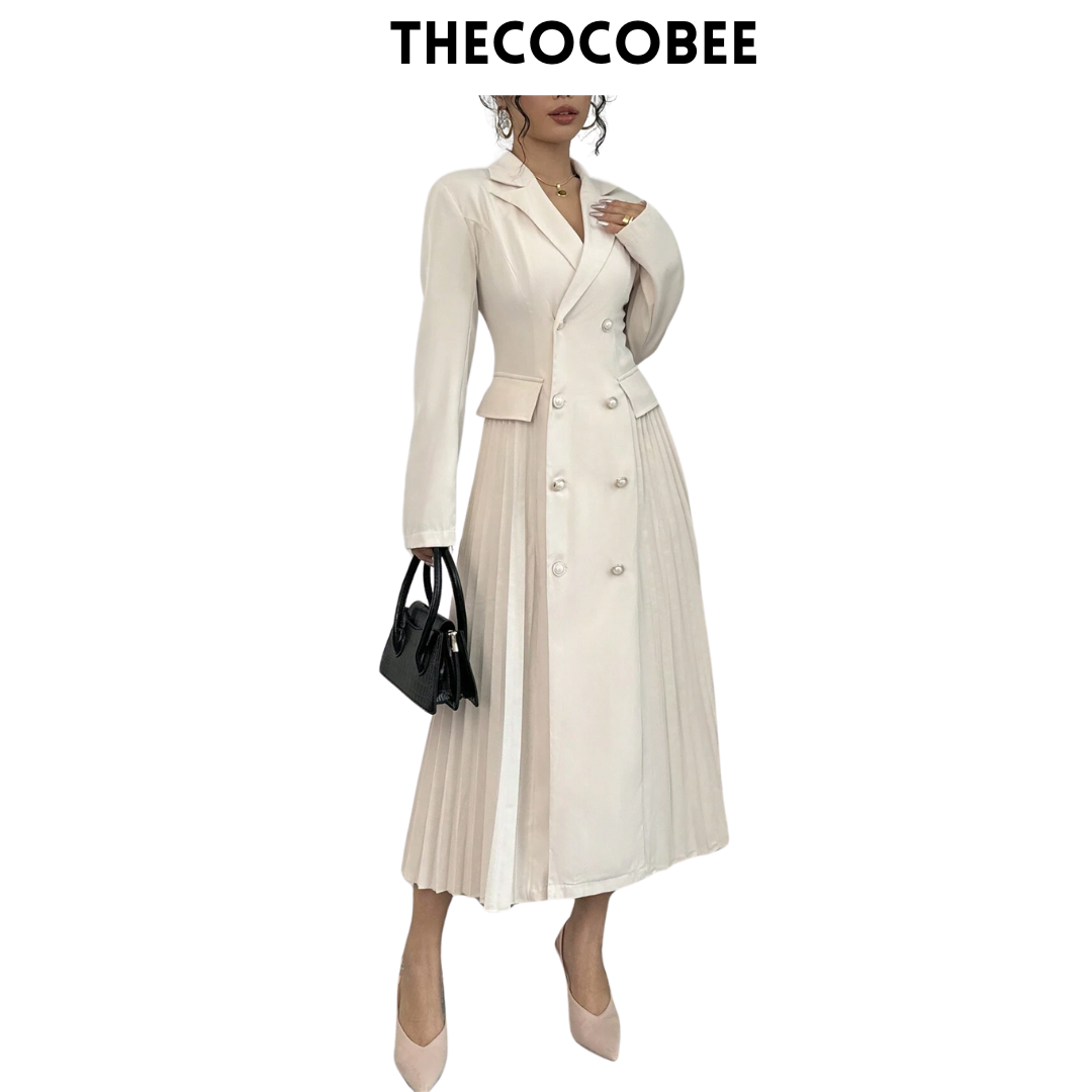 #106 Apricot Solid Color Double-Breasted Pleated Elegant Long Sleeve Dress Maxi Women Outfit