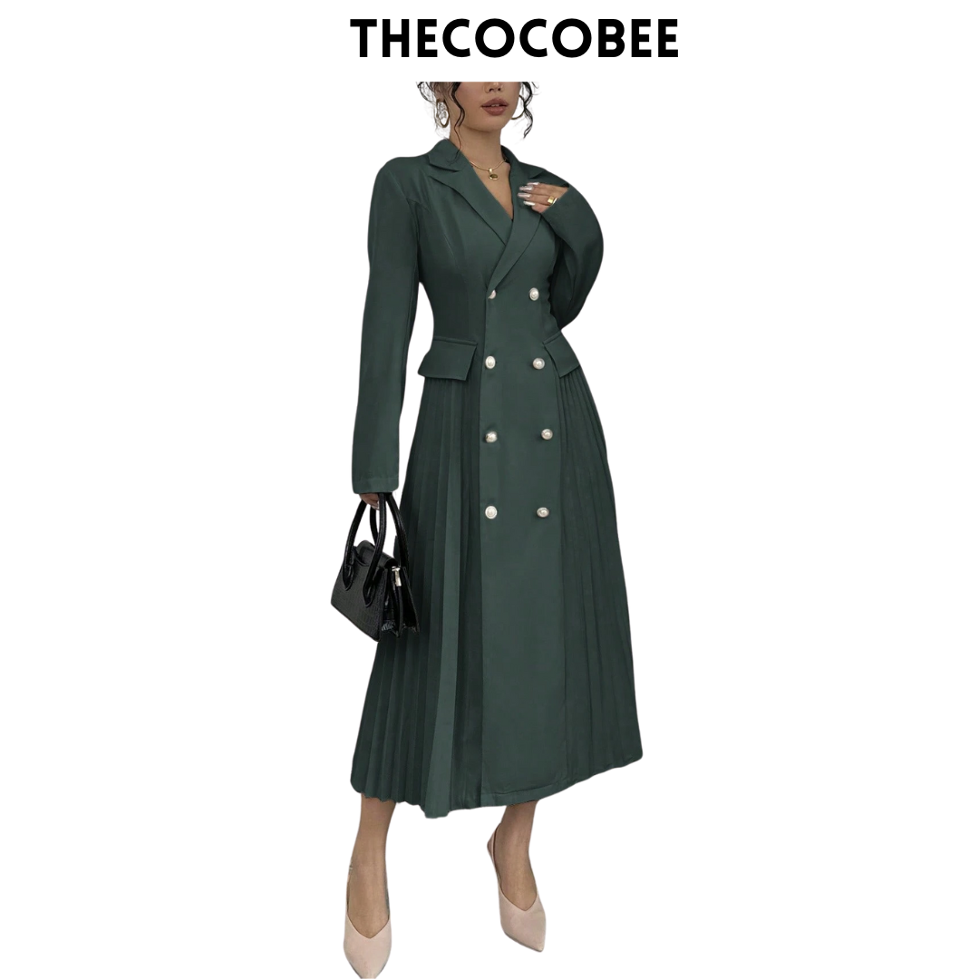 #106 Dark Green Solid Color Front Button Long Sleeve Pocket Casual Long Dress Maxi Women Outfit