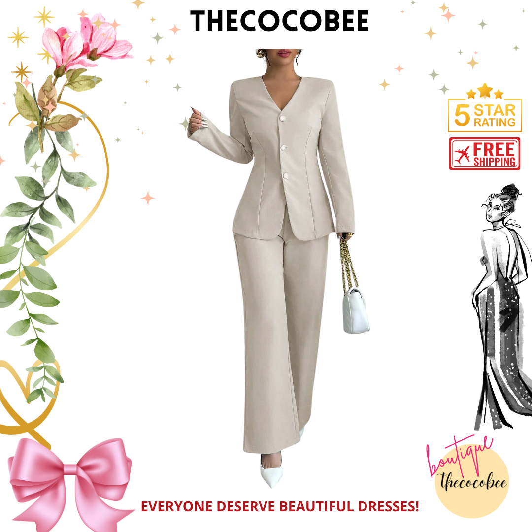 #107 Apricot Casual Solid Color V-Neck Long Sleeve Top & Pants Suit