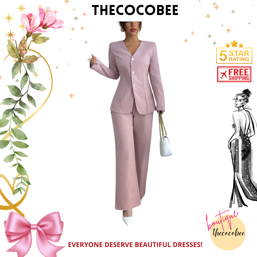 #107 Pink Single-Breasted Long Sleeve Jacket And Pants Fashion Casual Suit Set