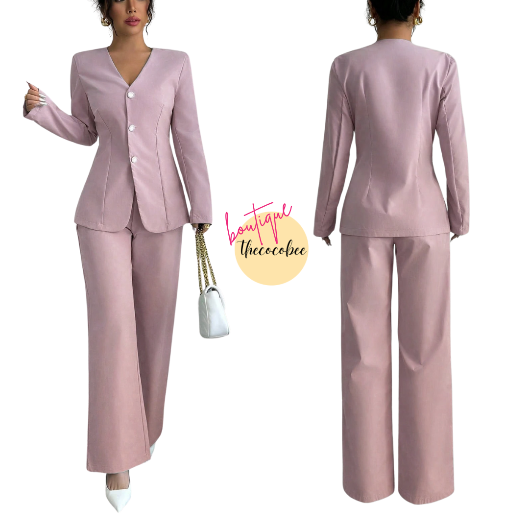#107 Pink Single-Breasted Long Sleeve Jacket And Pants Fashion Casual Suit Set