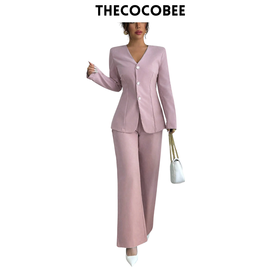 #107 Pink Single-Breasted Long Sleeve Jacket And Pants Fashion Casual Suit Set