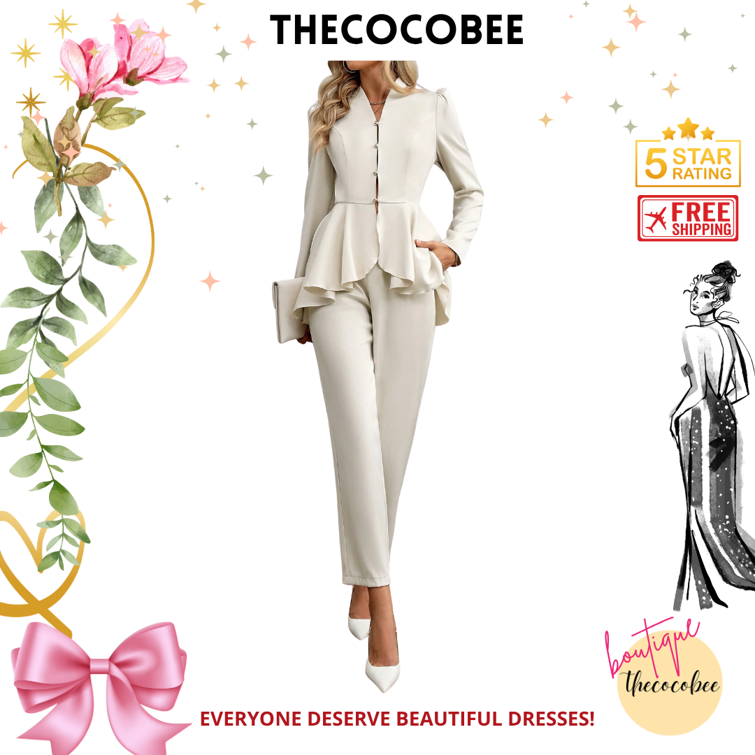 #108 Apricot Elegant Charming Business Attire Set, Featuring Long Sleeve Collared Blouse With Waist Cinch & Ruffle Hem, And High-Waisted Straight Leg Pants