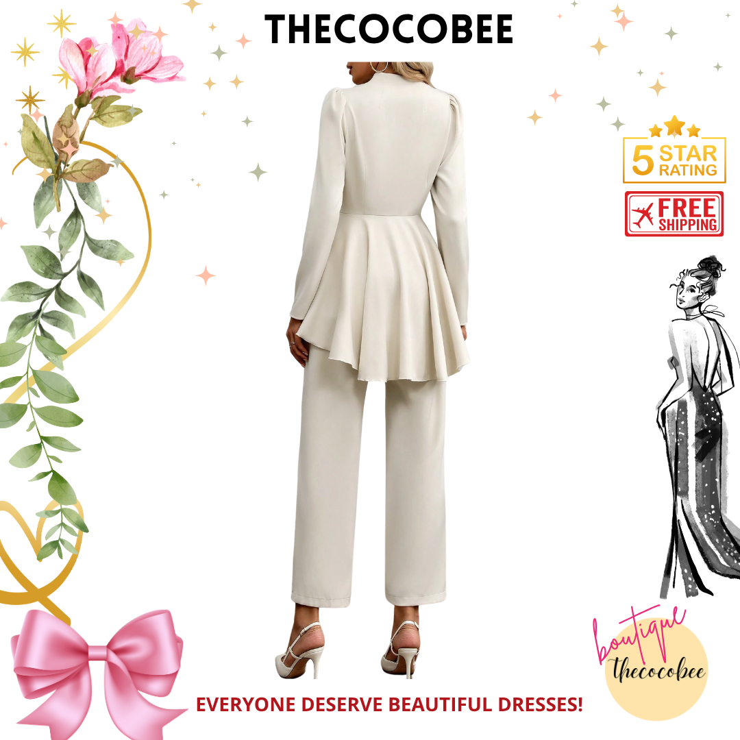 #108 Apricot Elegant Charming Business Attire Set, Featuring Long Sleeve Collared Blouse With Waist Cinch & Ruffle Hem, And High-Waisted Straight Leg Pants