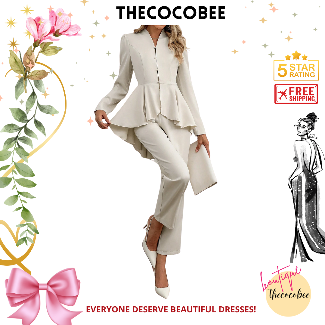 #108 Apricot Elegant Charming Business Attire Set, Featuring Long Sleeve Collared Blouse With Waist Cinch & Ruffle Hem, And High-Waisted Straight Leg Pants