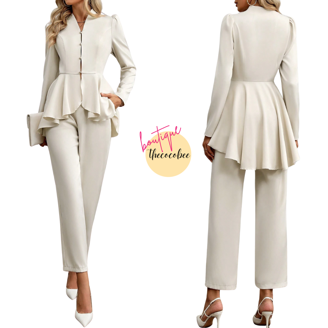 #108 Apricot Elegant Charming Business Attire Set, Featuring Long Sleeve Collared Blouse With Waist Cinch & Ruffle Hem, And High-Waisted Straight Leg Pants