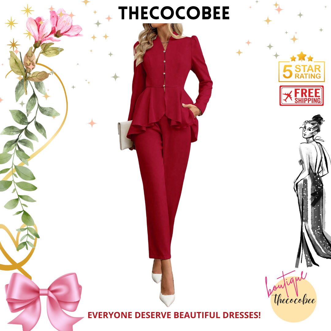 #108 Burgundy Elegant Work Commute Charm Long Sleeve Stand Collar Ruffle Hem Blouse With Straight Leg Pants Suit Set