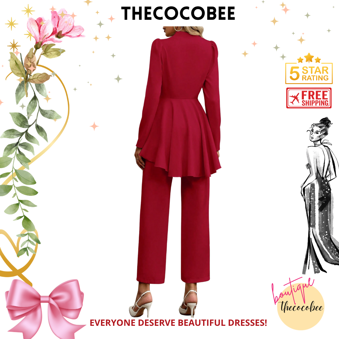 #108 Burgundy Elegant Work Commute Charm Long Sleeve Stand Collar Ruffle Hem Blouse With Straight Leg Pants Suit Set