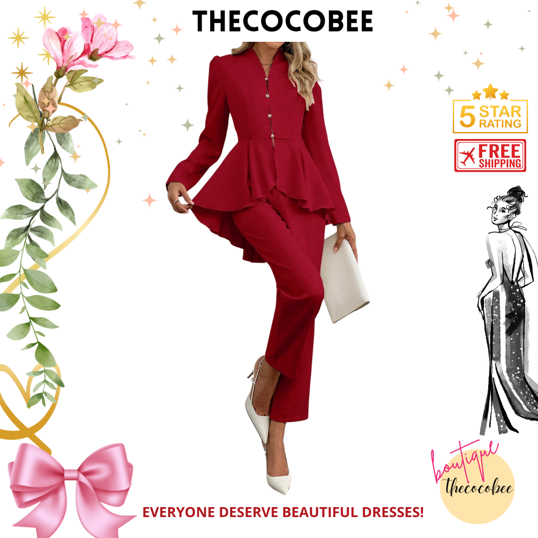 #108 Burgundy Elegant Work Commute Charm Long Sleeve Stand Collar Ruffle Hem Blouse With Straight Leg Pants Suit Set