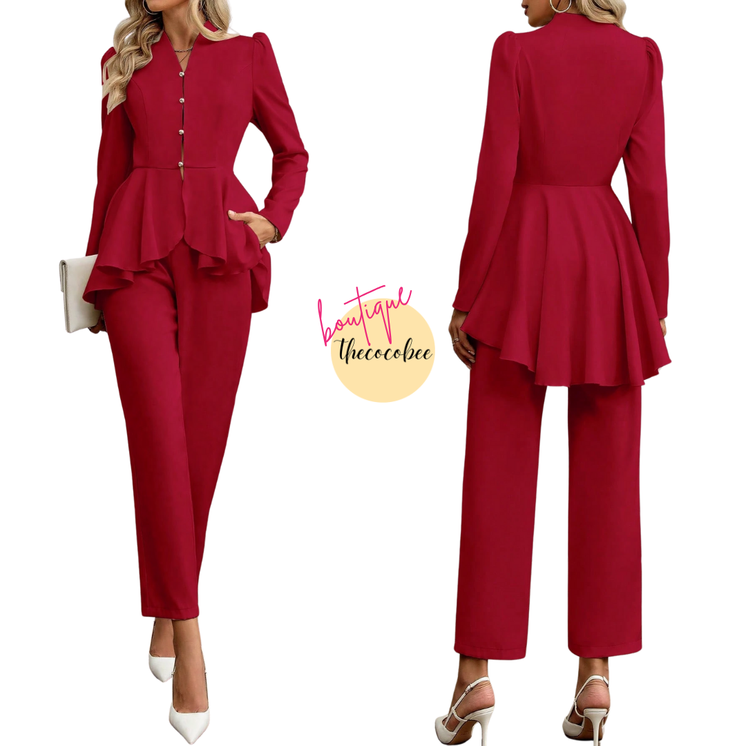 #108 Burgundy Elegant Work Commute Charm Long Sleeve Stand Collar Ruffle Hem Blouse With Straight Leg Pants Suit Set
