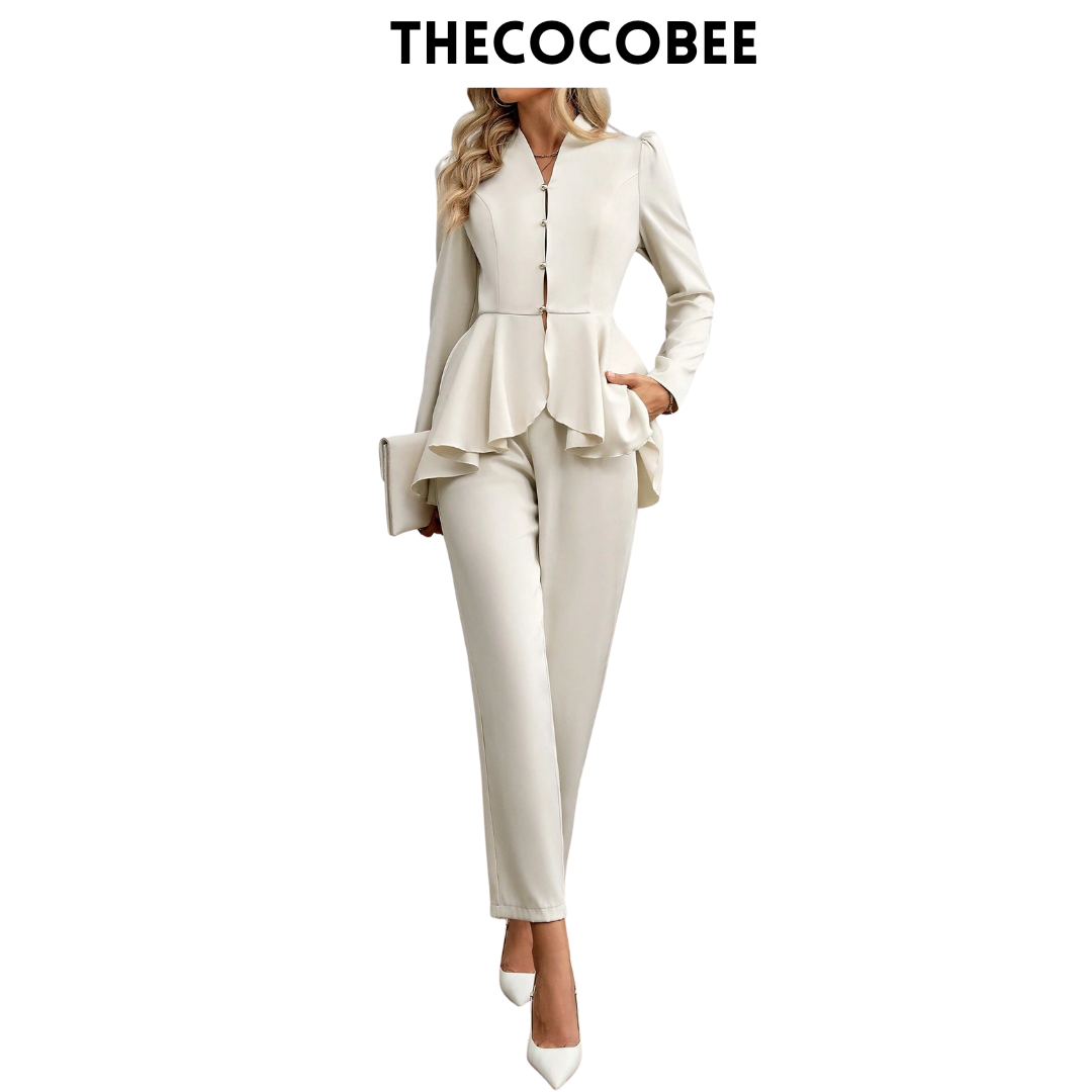 #108 Apricot Elegant Charming Business Attire Set, Featuring Long Sleeve Collared Blouse With Waist Cinch & Ruffle Hem, And High-Waisted Straight Leg Pants