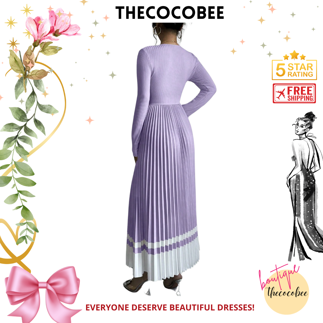 #109 Purple V-Neck Waist Pleated Patchwork A-Line Elegant Retro Dress, For Daily Wear Maxi Women Outfit