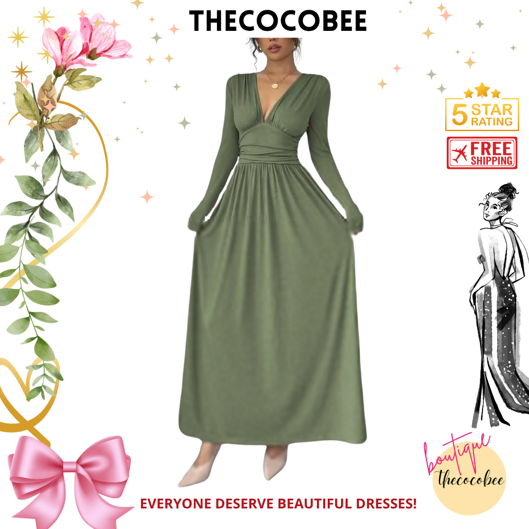 #110 Green Casual Long Dress, Deep V-Neck, Raglan Long Sleeve, Front Panel Patchwork, Crinkled, A-Line, Lotus Root Pink Textured Fabric, Autumn/Winter Maxi Women Outfit