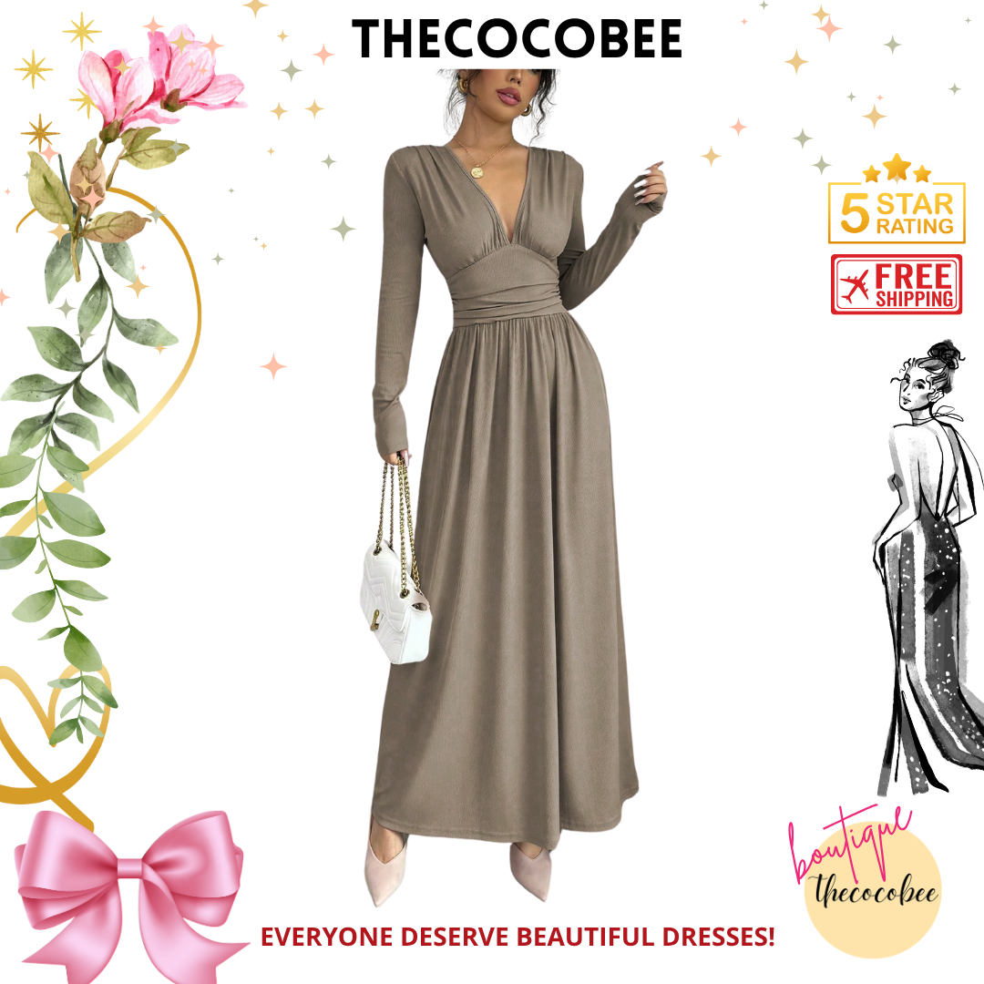 #110 Khaki Casual Long Dress, Deep V-Neck, Raglan Long Sleeve, Front Panel Patchwork, Crinkled, A-Line, Lotus Root Pink Textured Fabric, Autumn/Winter Maxi Women Outfit