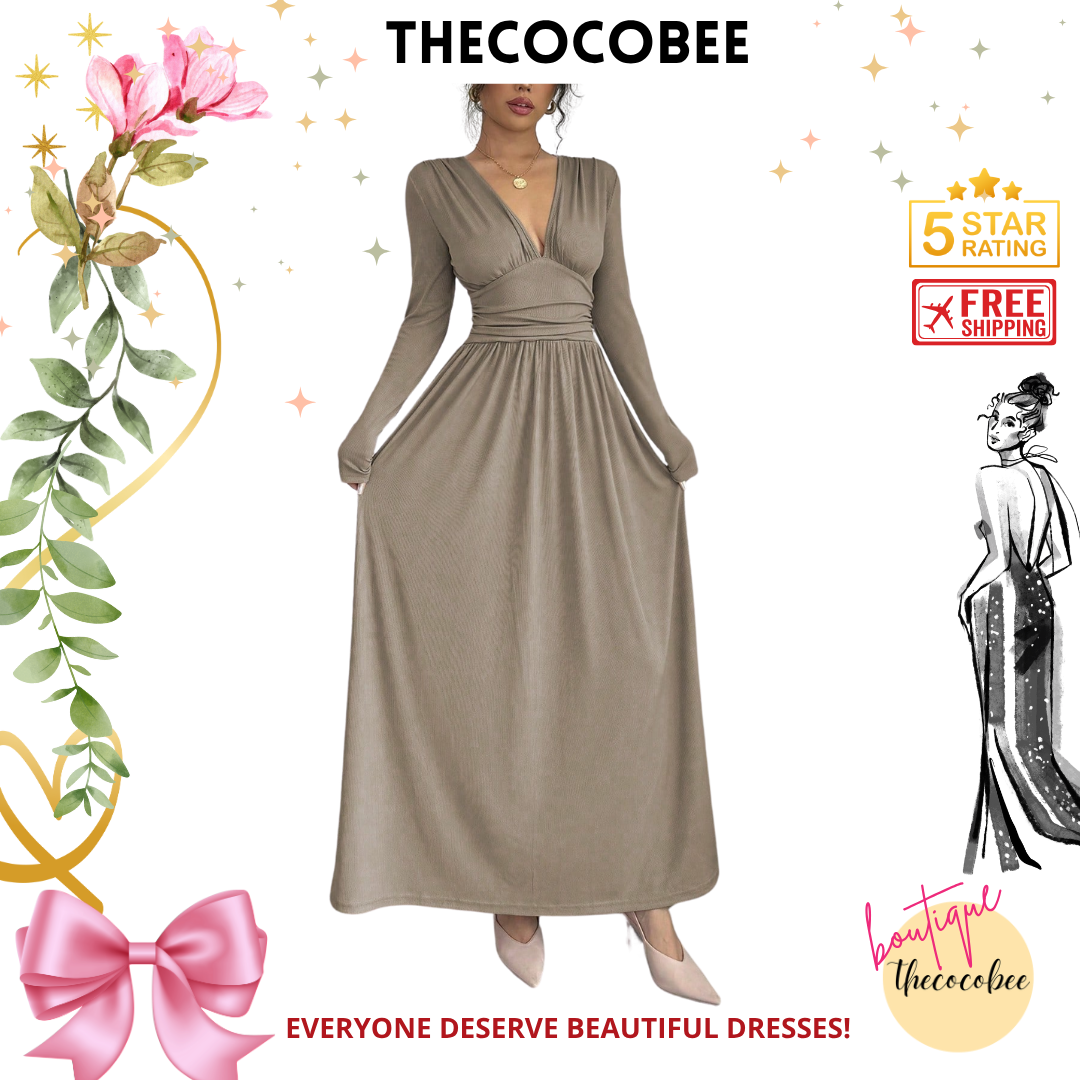 #110 Khaki Casual Long Dress, Deep V-Neck, Raglan Long Sleeve, Front Panel Patchwork, Crinkled, A-Line, Lotus Root Pink Textured Fabric, Autumn/Winter Maxi Women Outfit
