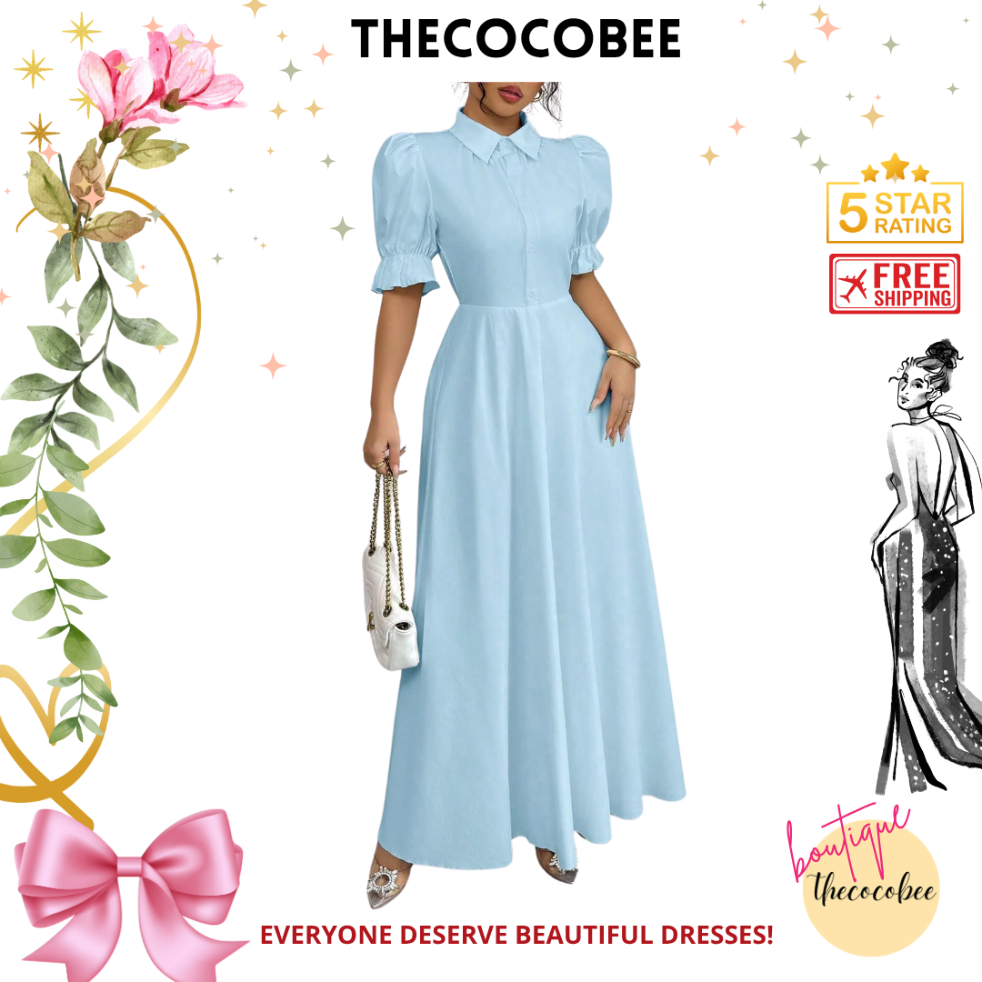 #111 Baby Blue Elegant Turndown Collar Single-Breasted Waist Puff Sleeve Solid Color Dress For Women