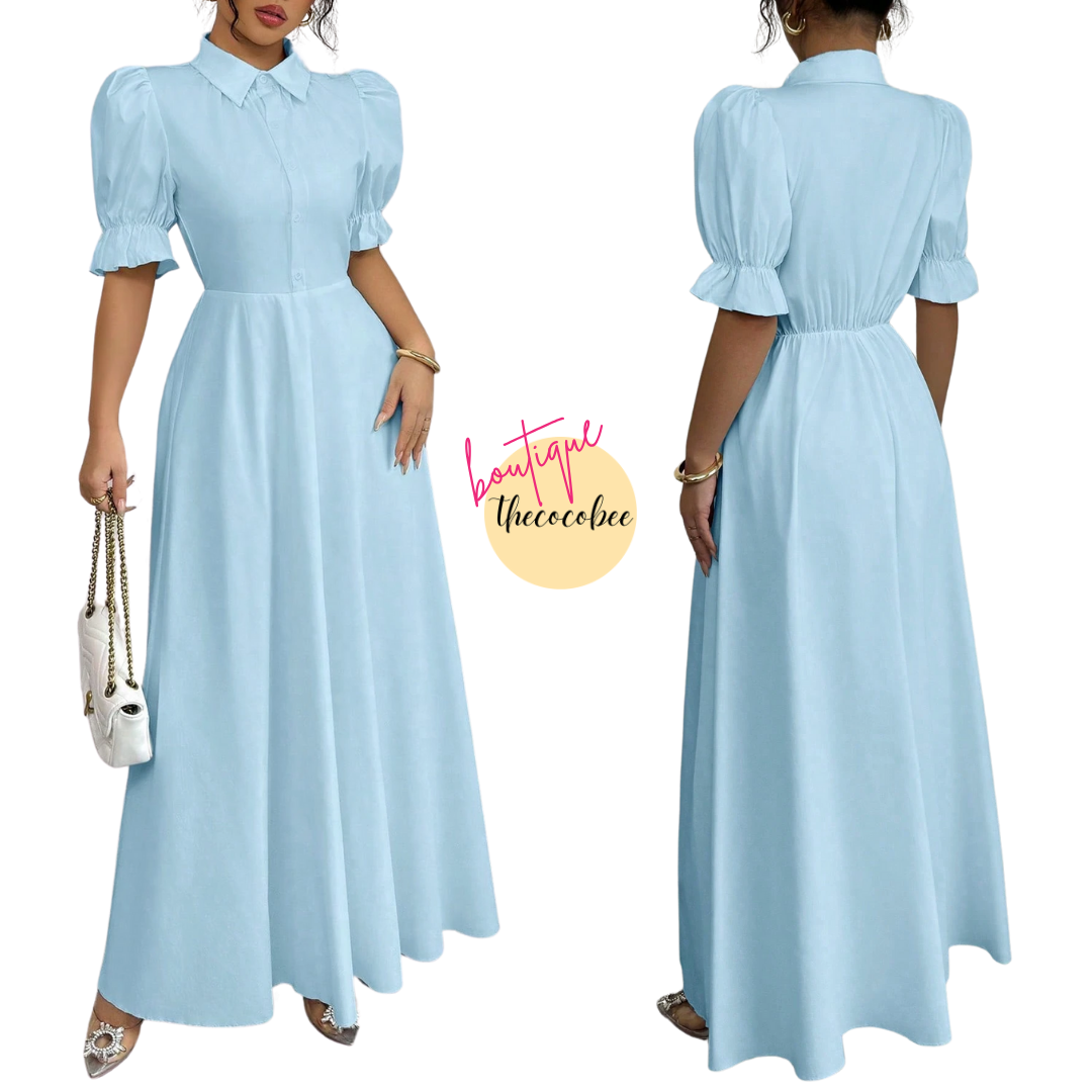 #111 Baby Blue Elegant Turndown Collar Single-Breasted Waist Puff Sleeve Solid Color Dress For Women