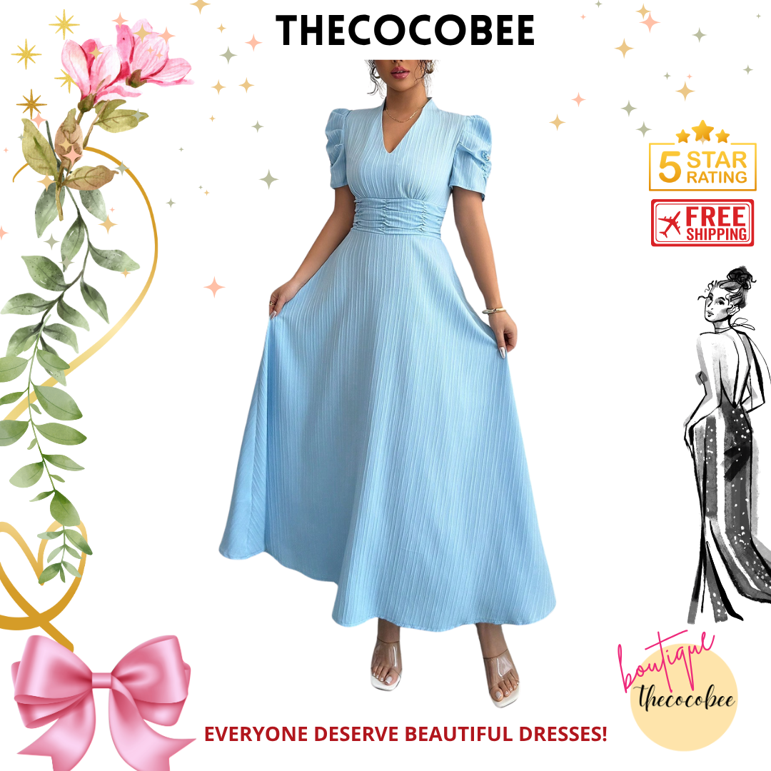 #112 Baby Blue Solid Color Bubble Sleeve V-Neck Dress Maxi Women Outfit