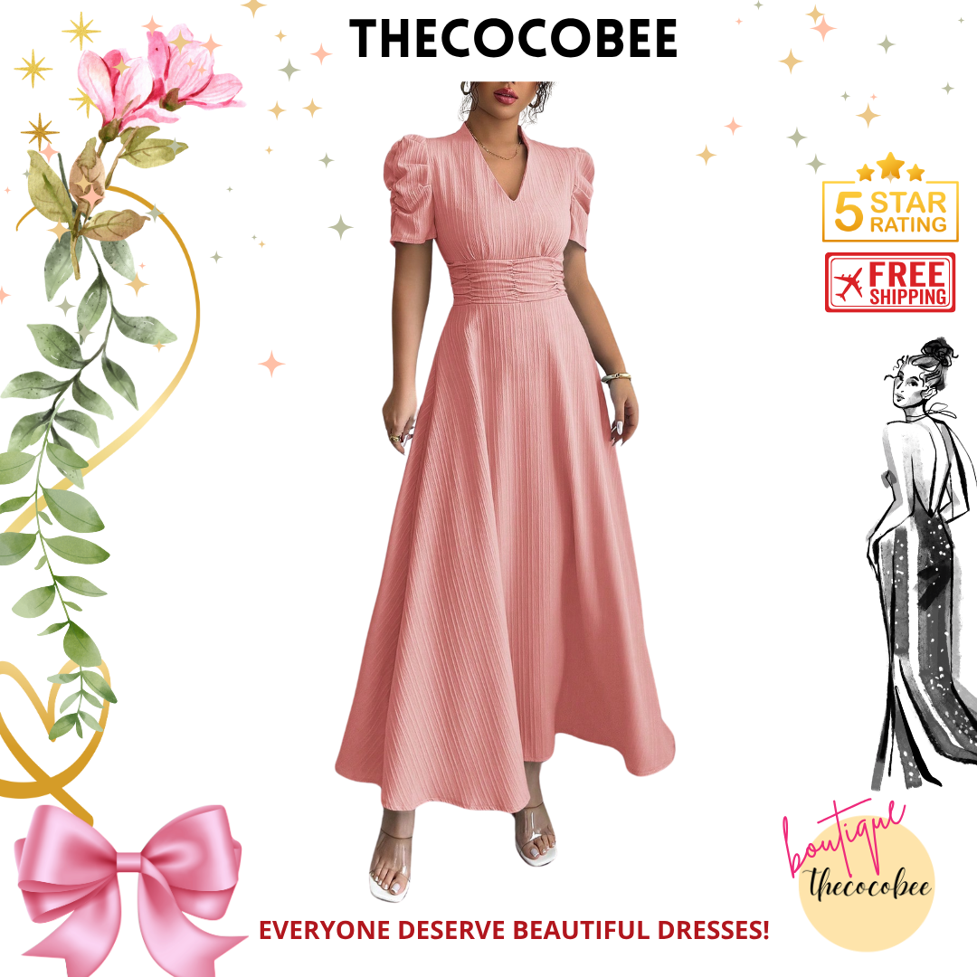 #112 Pink Solid V-Neck Ruched Waist Puff Sleeve Dress, Elegant Maxi Women Outfit