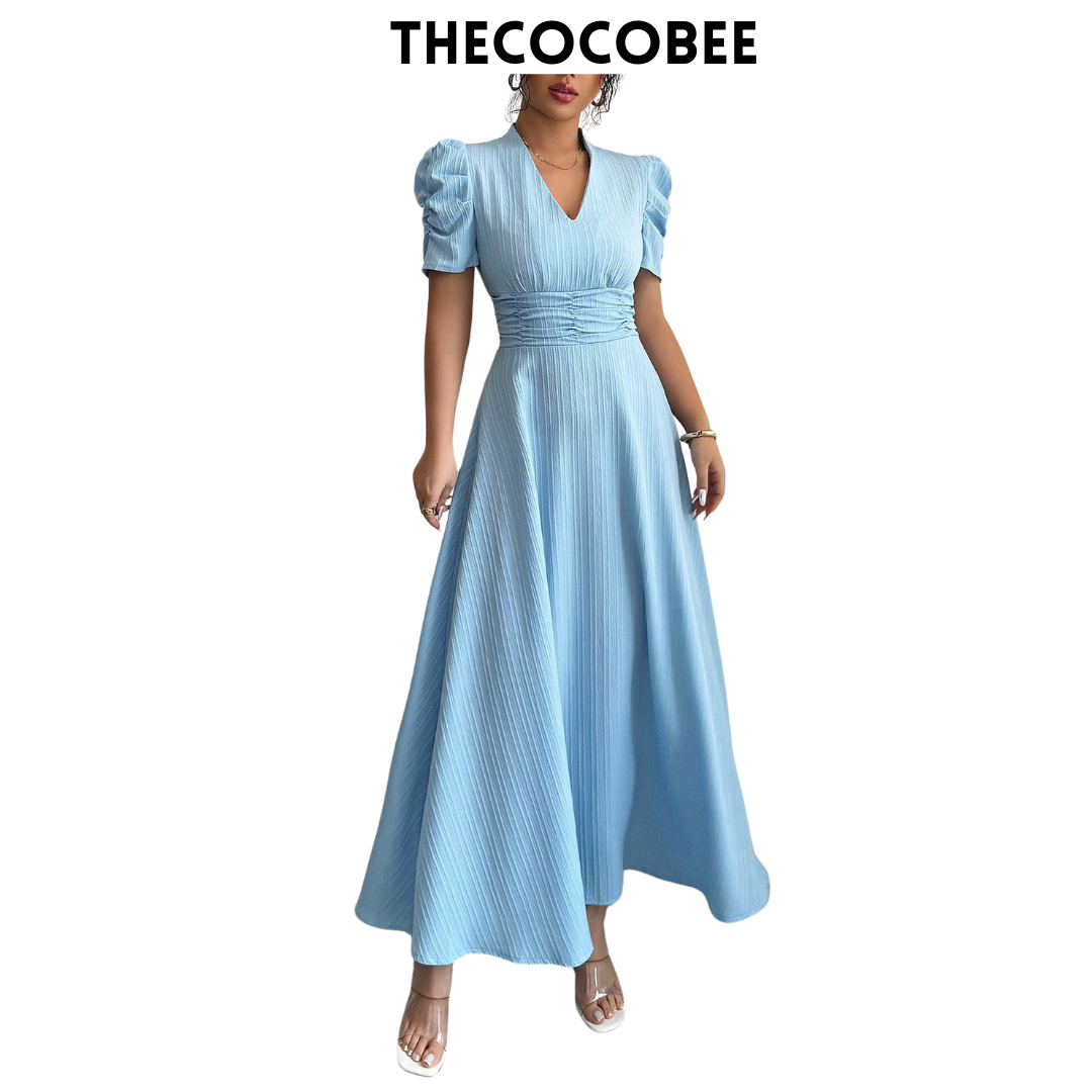 #112 Baby Blue Solid Color Bubble Sleeve V-Neck Dress Maxi Women Outfit