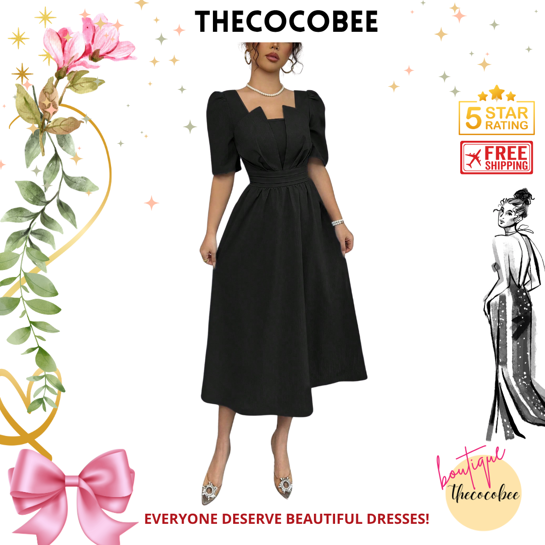 #113 Black Minimalist Waist Cinched Mid-Length Dress