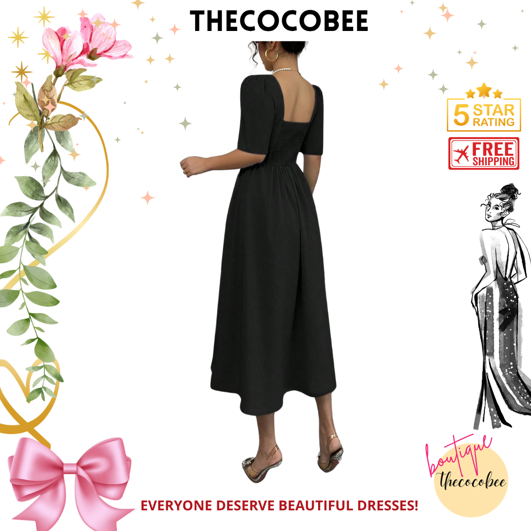 #113 Black Minimalist Waist Cinched Mid-Length Dress