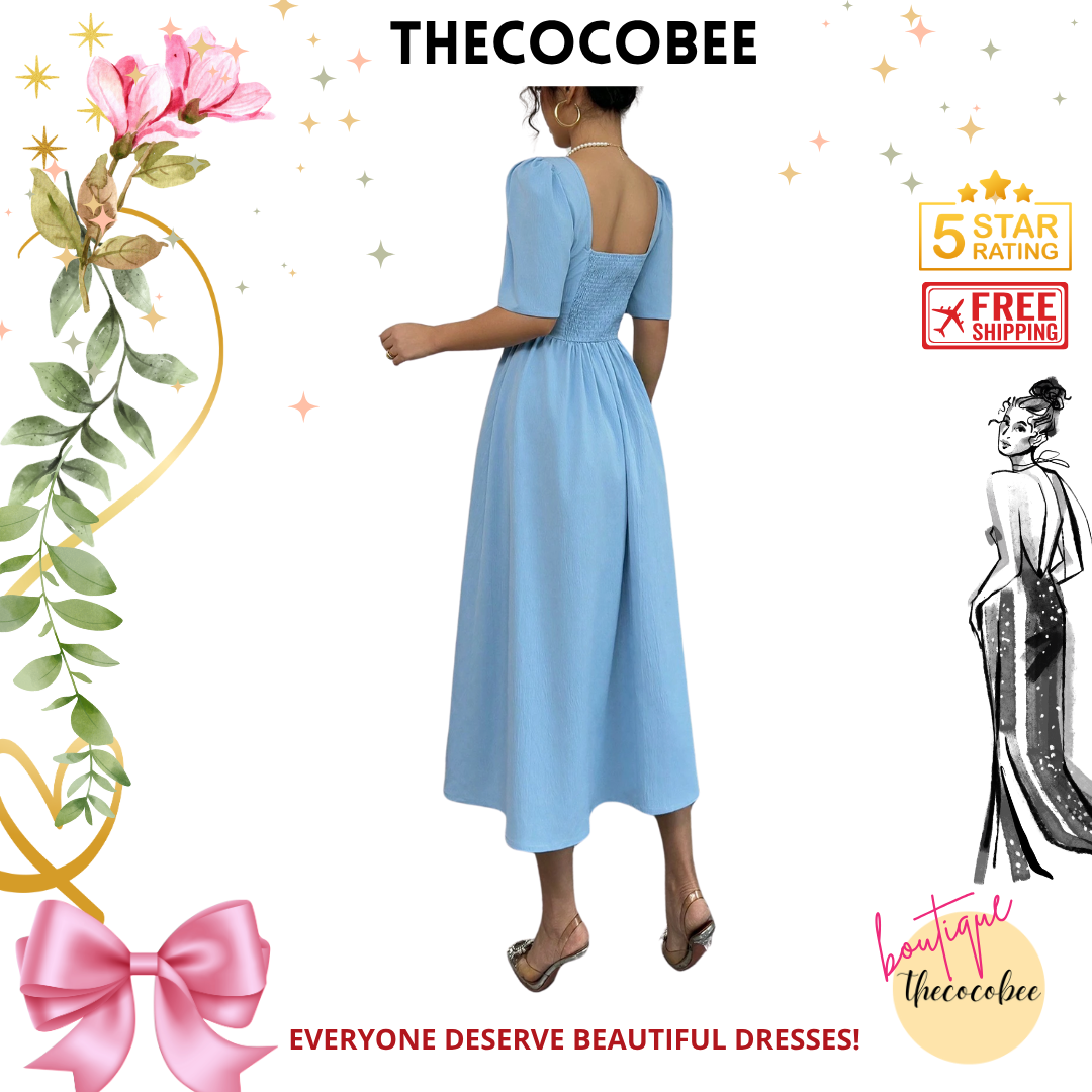 #113 Blue Minimalist Waist Cinching Mid-Length Dress