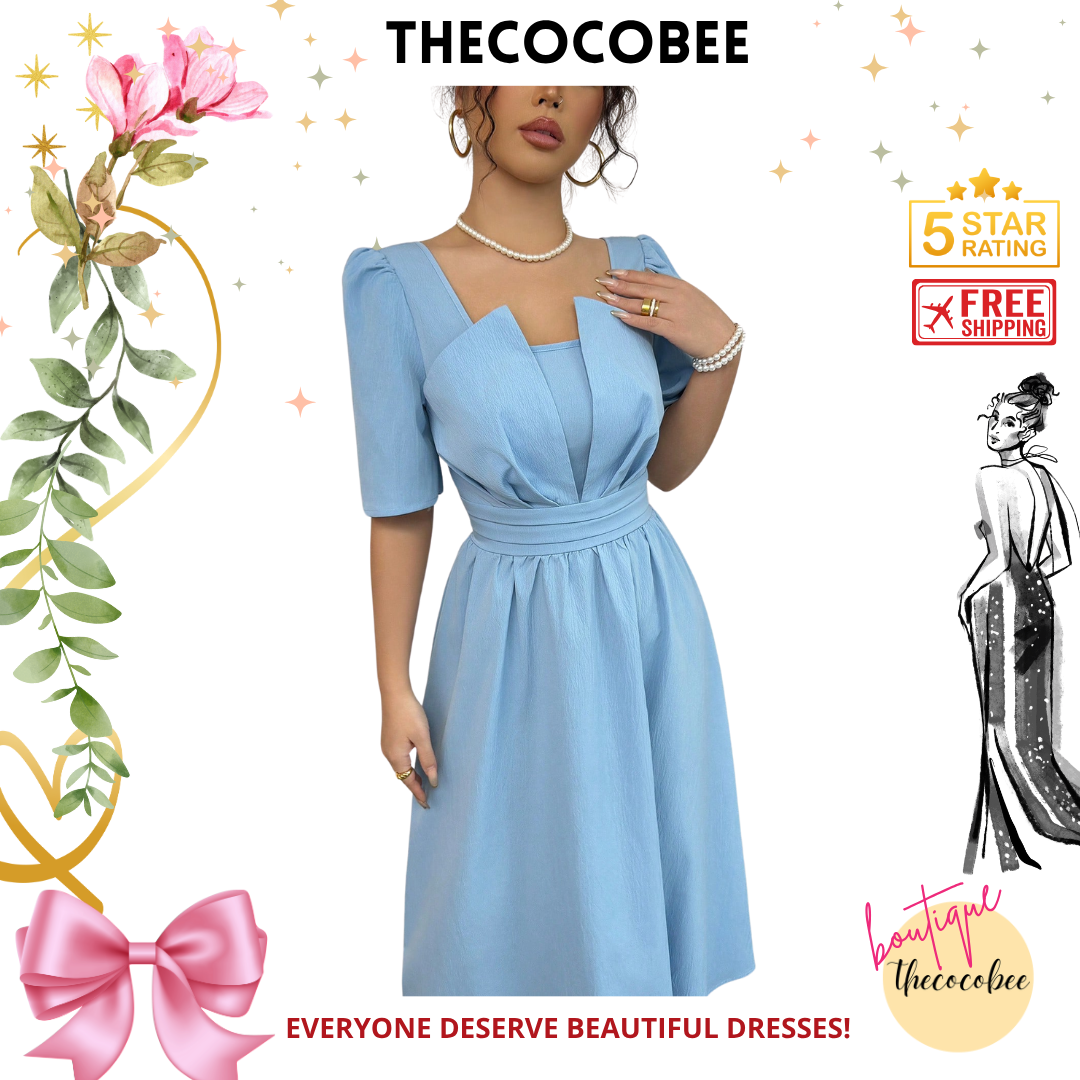 #113 Blue Minimalist Waist Cinching Mid-Length Dress