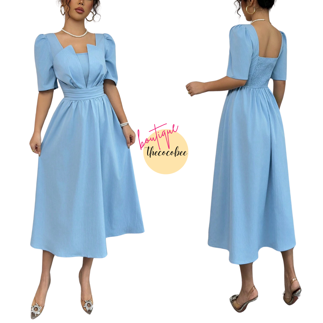 #113 Blue Minimalist Waist Cinching Mid-Length Dress