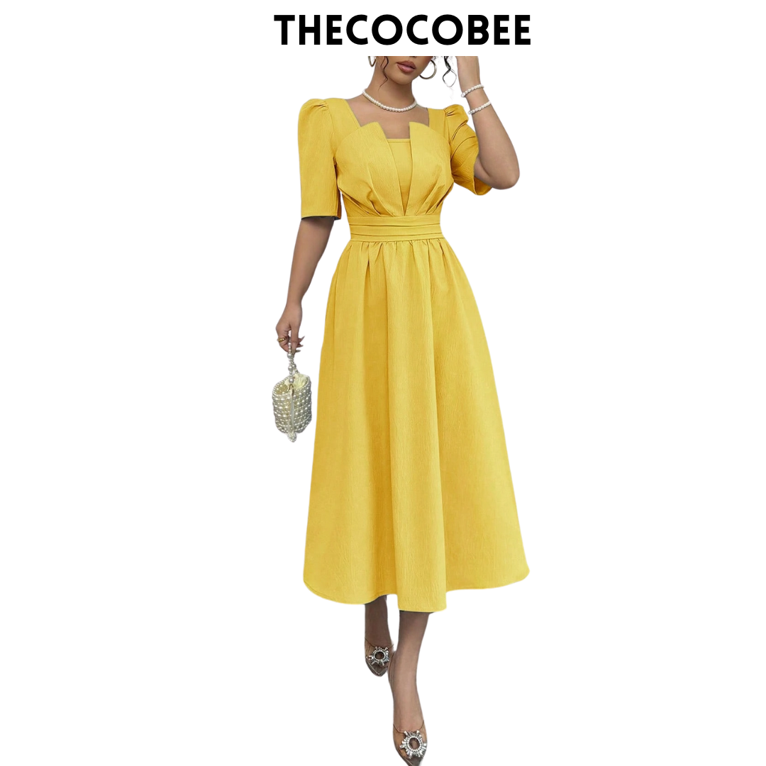 #113 Yellow Minimalist Waist Cinching Midi Dress