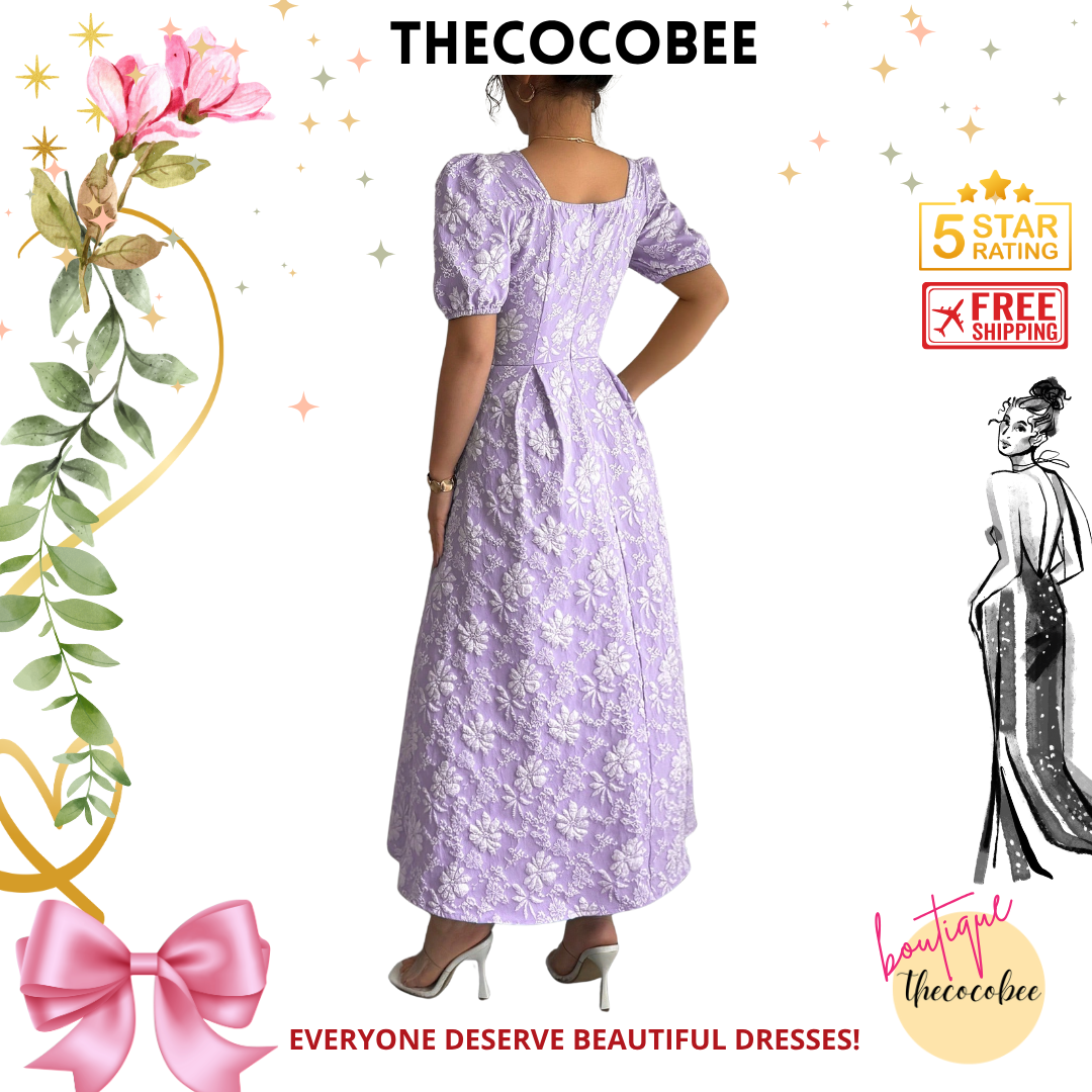 #114 Purple Spring/Summer Square Neck Elegant Floral & Geometric Jacquard Fit And Flare Dress With Metal Button Decor