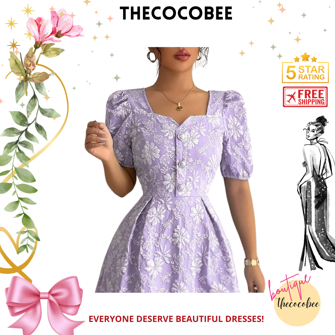 #114 Purple Spring/Summer Square Neck Elegant Floral & Geometric Jacquard Fit And Flare Dress With Metal Button Decor