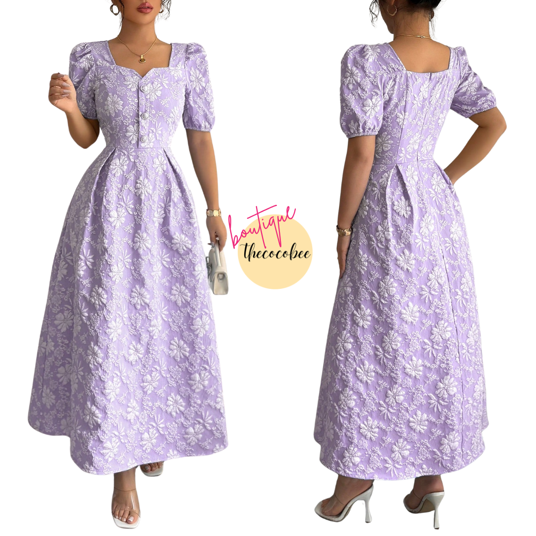 #114 Purple Spring/Summer Square Neck Elegant Floral & Geometric Jacquard Fit And Flare Dress With Metal Button Decor