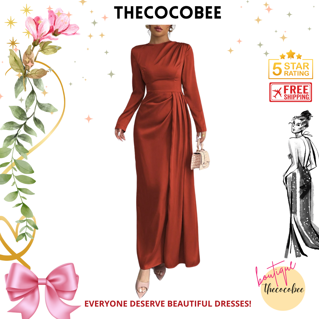 #115 Burnt Orange Solid Satin Ruched Shoulder Party Elegant Long Sleeve Dress With Side Slit Maxi Women Outfit