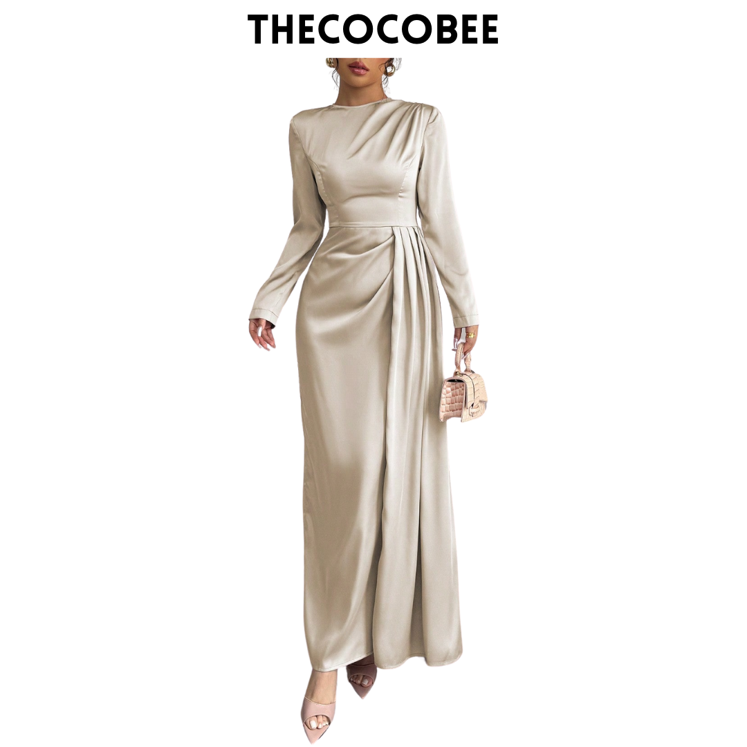 #115 Satin Ruched Elegant Maxi Dress in Beige
