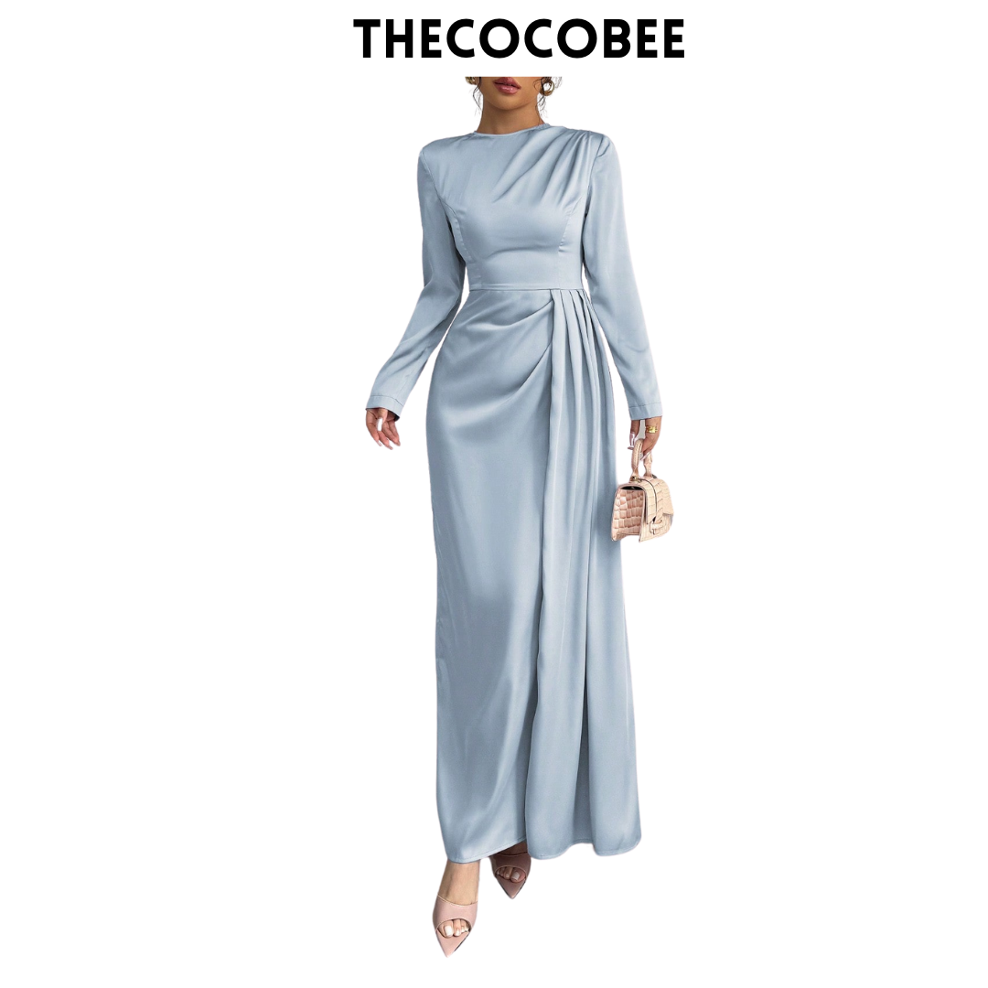 #115 Satin Ruched Elegant Maxi Dress in baby blue