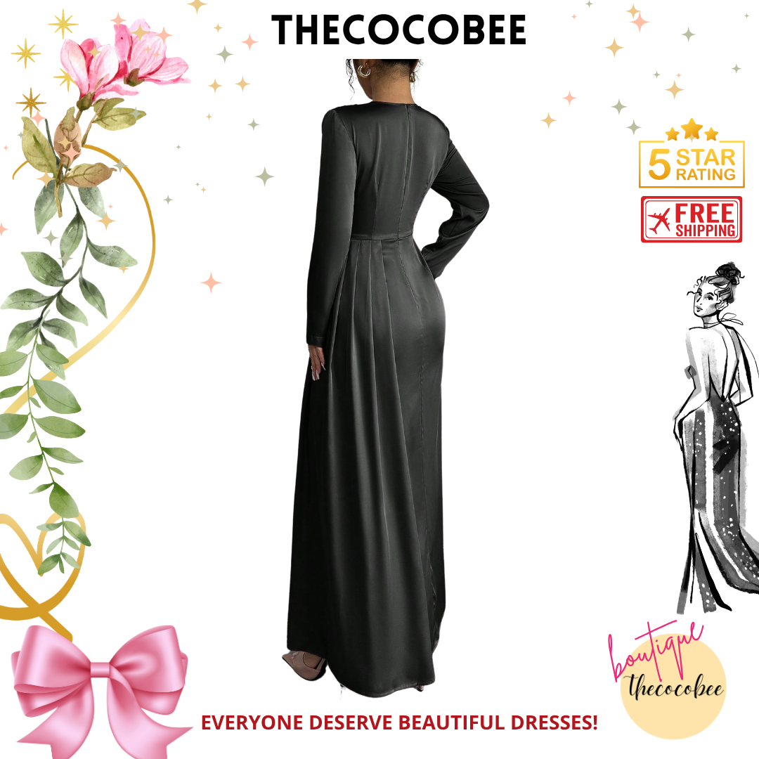 #115 Satin Ruched Elegant Maxi Dress in black
